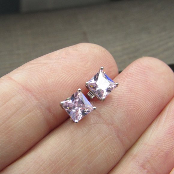 Sterling Small Cubic Zirconia Pink Square Earrings - Picture 3 of 7